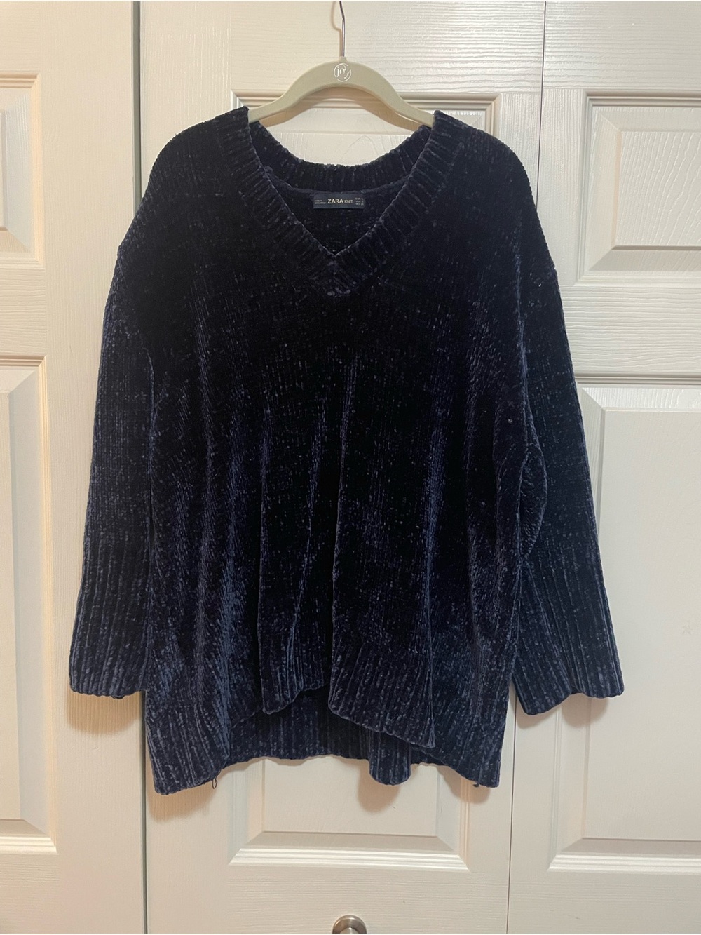 Zara Navy Velvet V-Neck Sweater